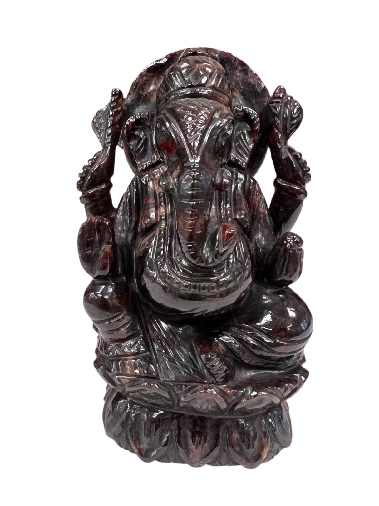 Dark red statue go Indian elephant god sitting
