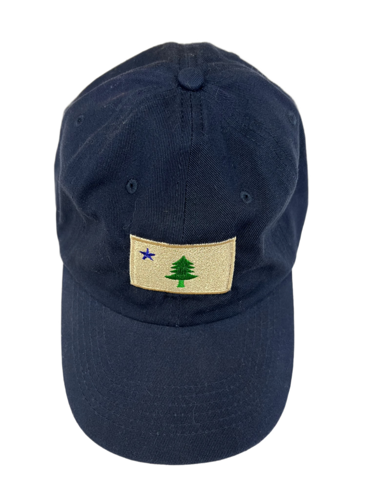 Dark blue ball cap with patch of of old Maine flag single star with a single green pine tree