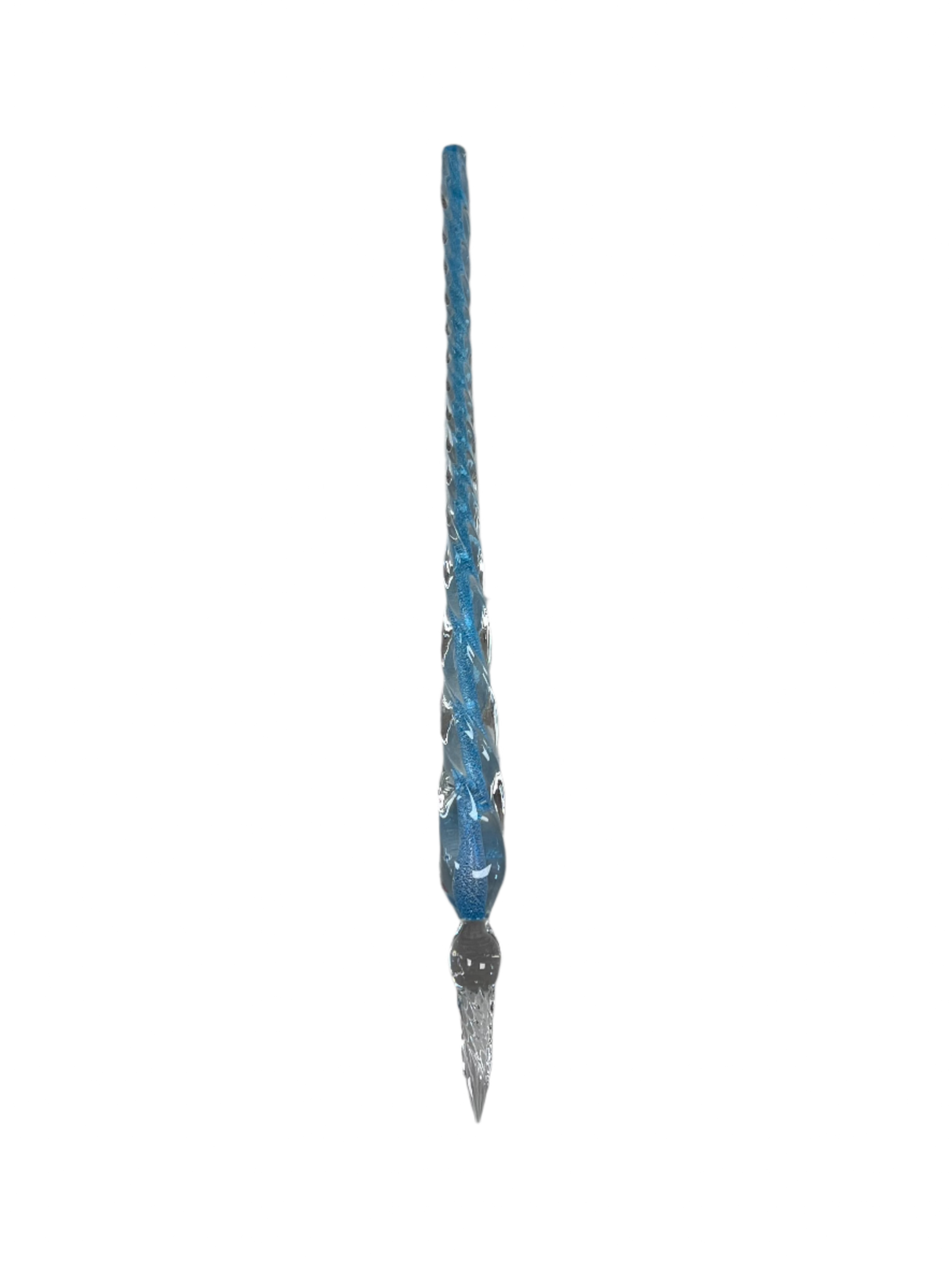 Thin glass pen with a blue center core and clear tip