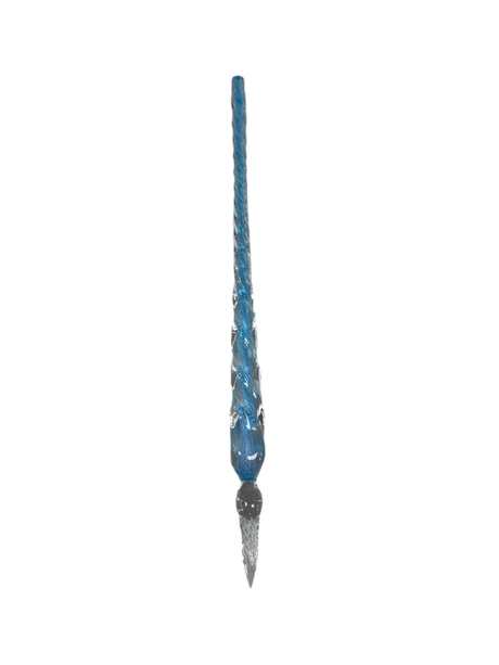 Thin glass pen with a blue center core and clear tip