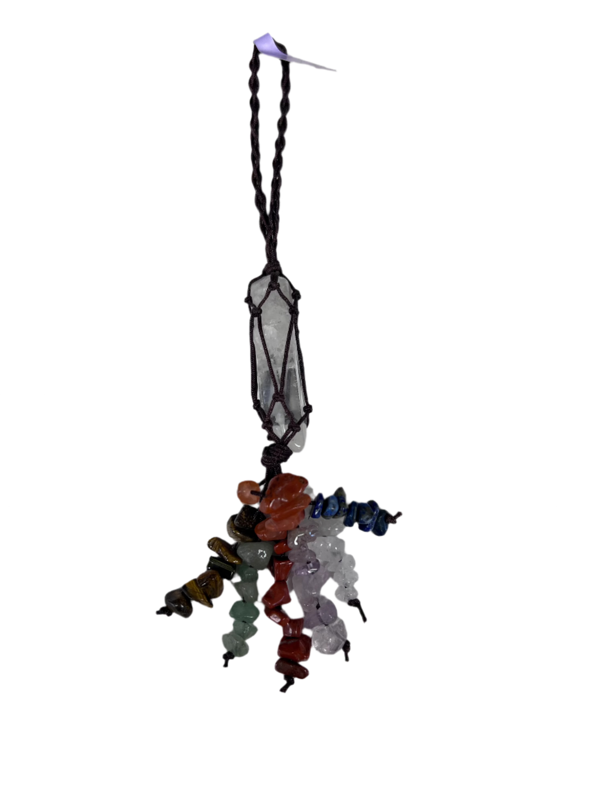 Quarts crystal point wrapped in rope with 7 strands of crystal chips in the chakra colors