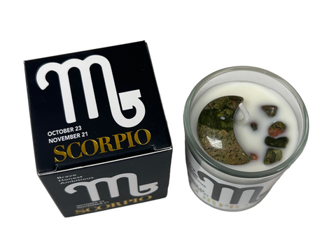 Scorpio-themed product packaging with a jar of what appears to be a spice mix on a white background