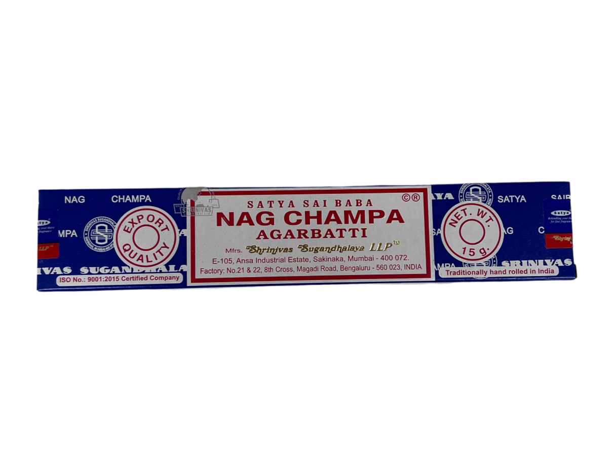 Blue and white incense box with label of Nag Champa