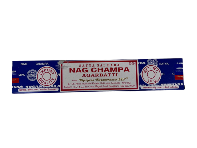 Blue and white incense box with label of Nag Champa