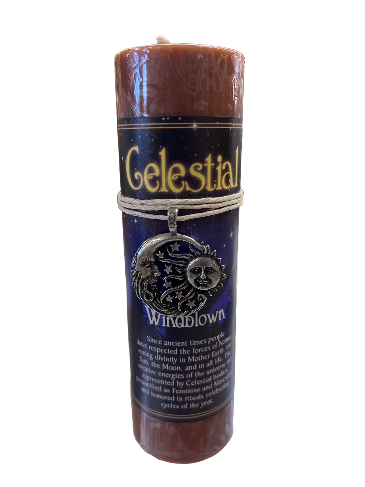 Celestial wisdom brown pillar candle with pewter sun moon charm