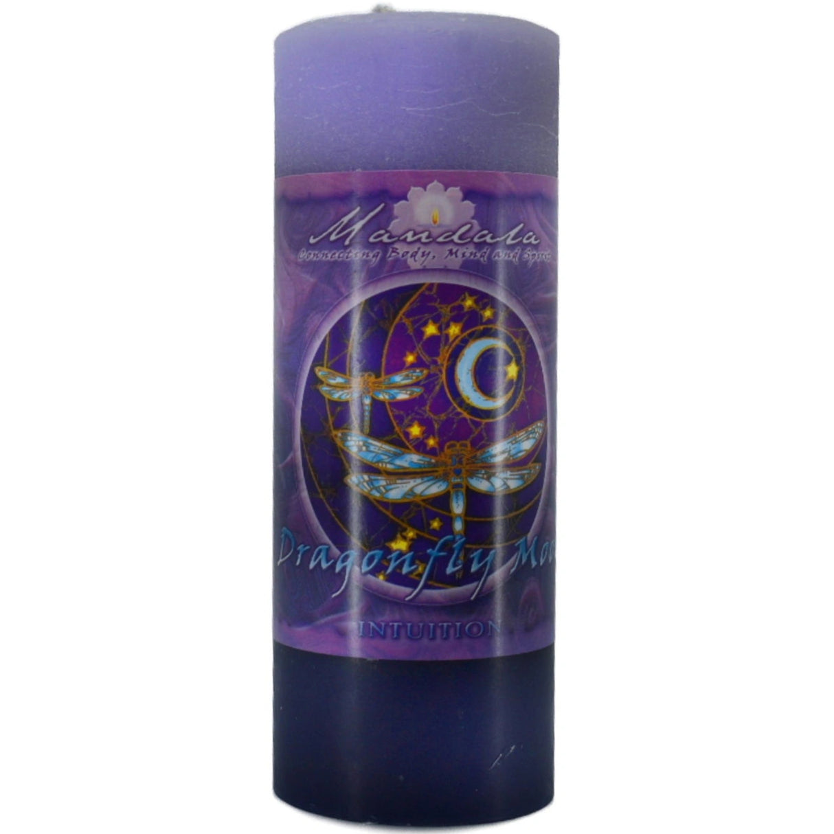 Purple candle with "MANDALA" and "DRAGONFLY MAGIC" labels.