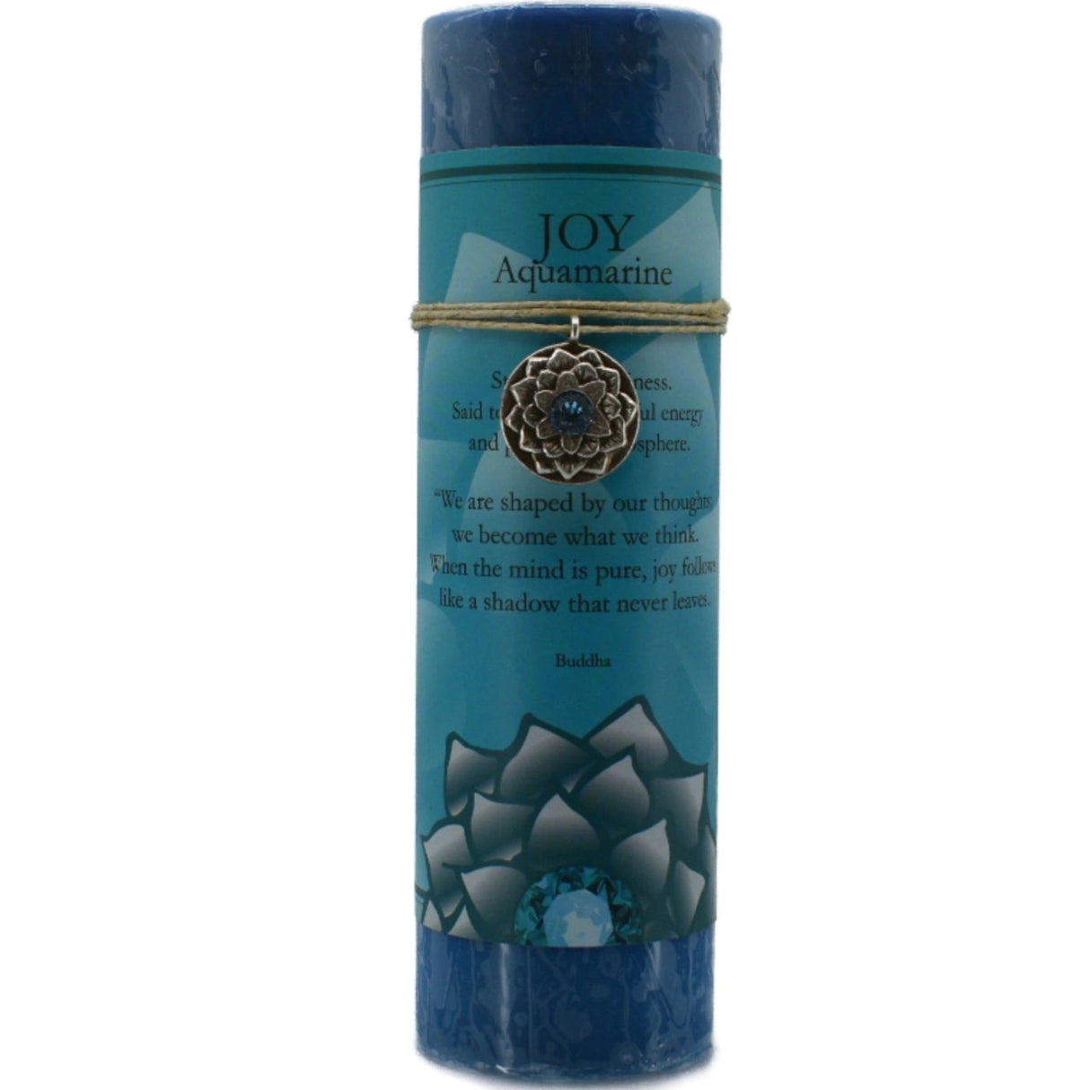 Blue candle with "JOY" label and aquamarine pendant.