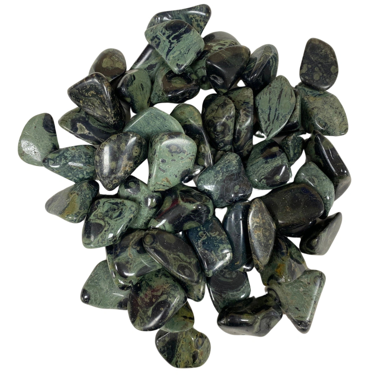 Tumbled Kambaba Jasper stones with a smooth, polished finish and a unique, swirling pattern of green, black, and brown hues.