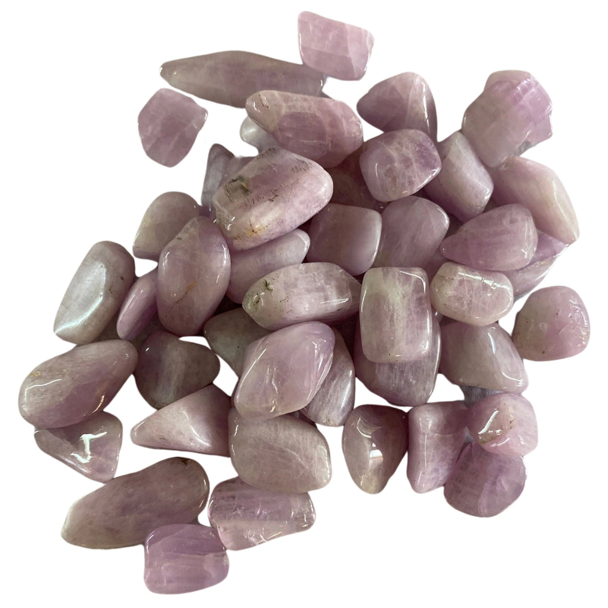 Tumbled Kunzite stones with a smooth, polished finish and a pale pink to lilac color.
