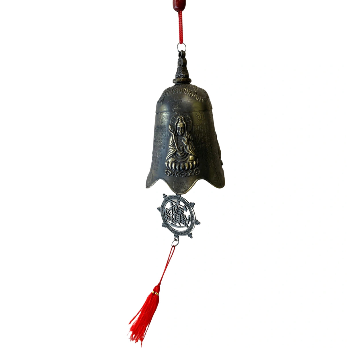 Brass bell with a Kwan Yin statue and a red tassel.