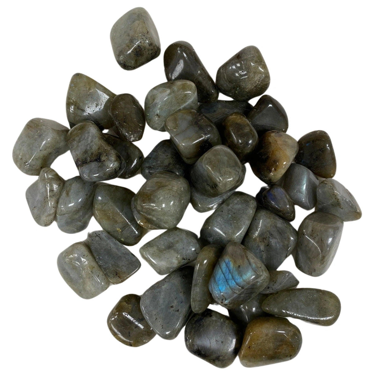 Tumbled Labradorite stones with a smooth, polished finish and a variety of gray hues with iridescent flashes of blue and green.