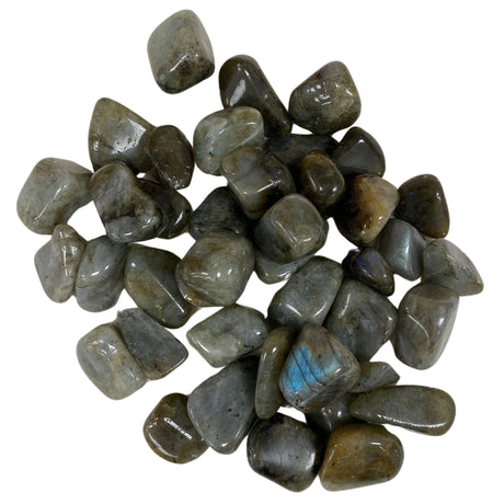 Tumbled Labradorite stones with a smooth, polished finish and a variety of gray hues with iridescent flashes of blue and green.