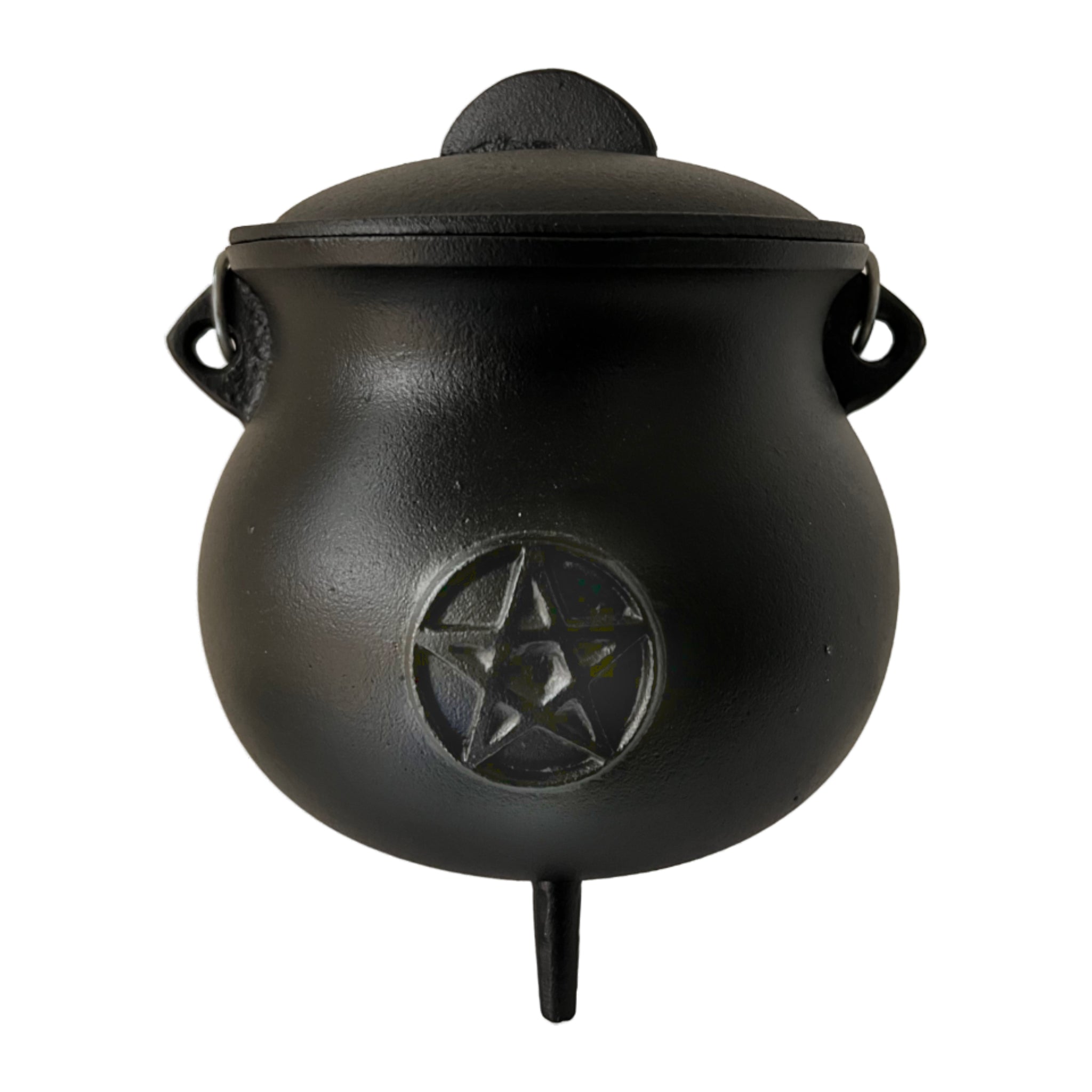 Large roundish black cauldron with pentacle on front