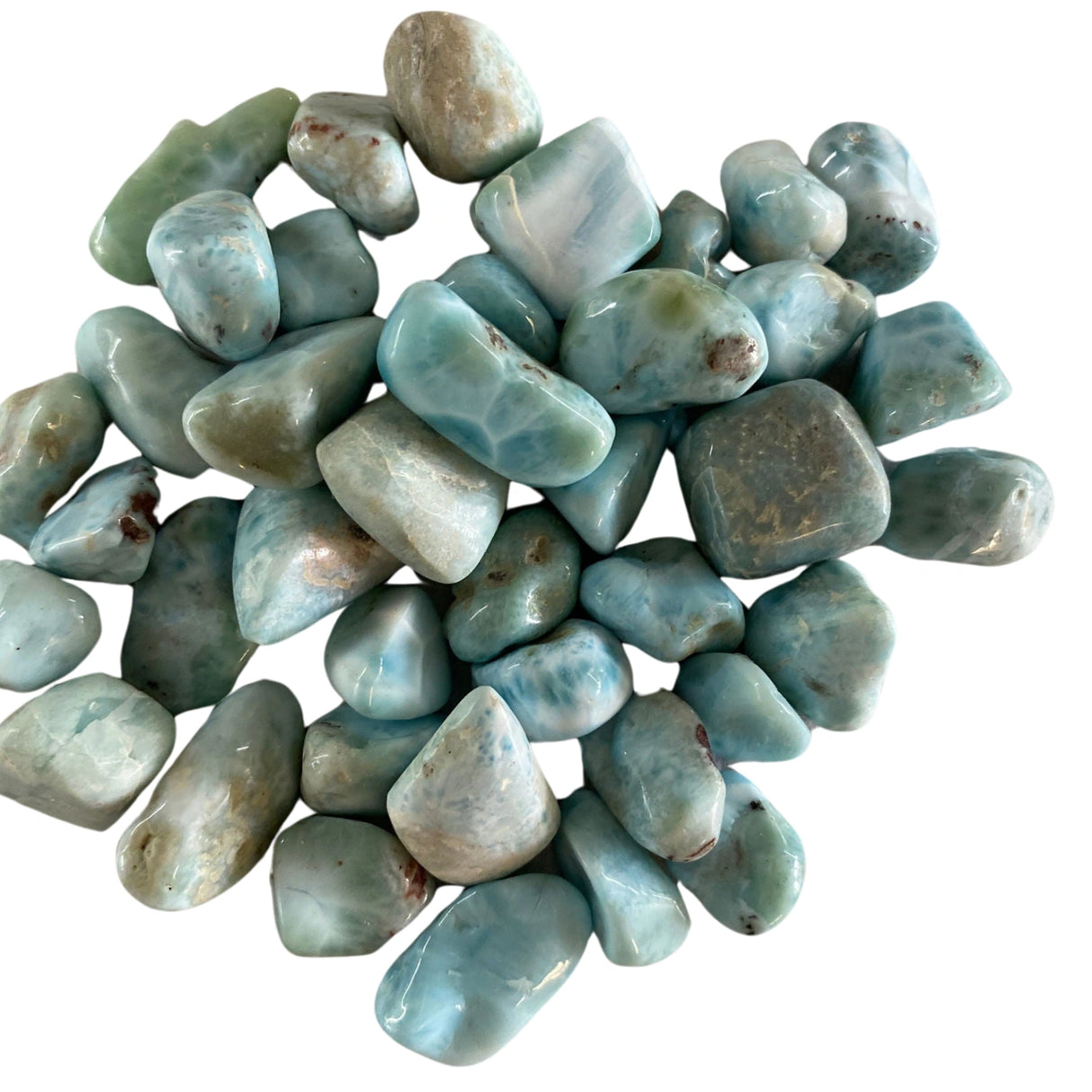 A cluster of small, tumbled Larimar stones with a smooth, polished finish and a vibrant blue color with white veining.