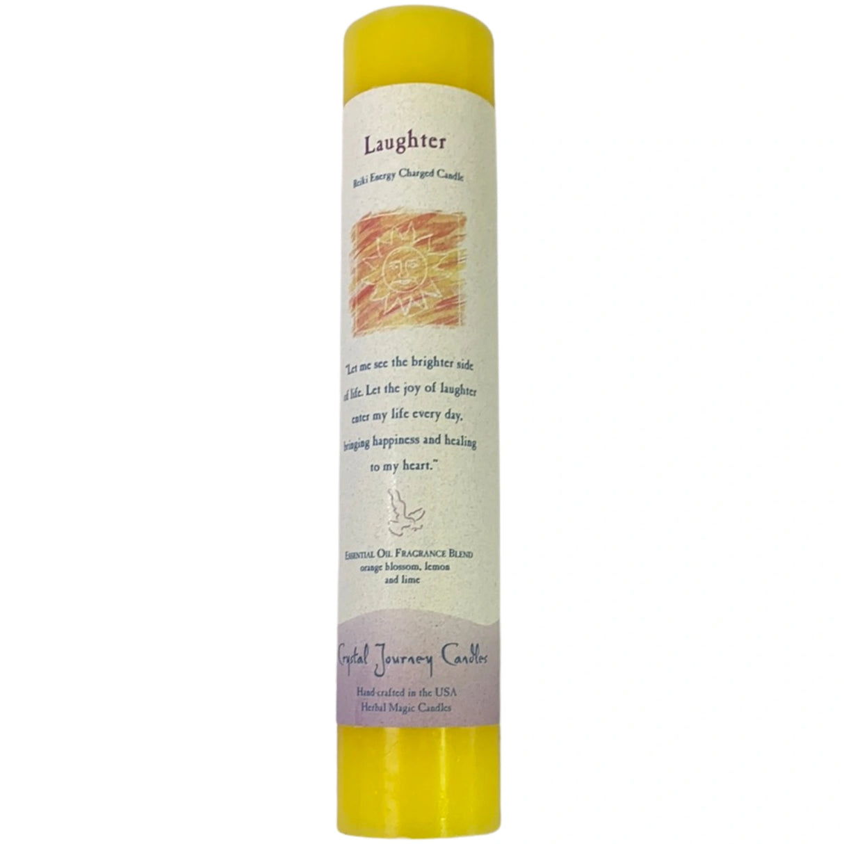 Yellow pillar candle with "LAUGHTER" label.
