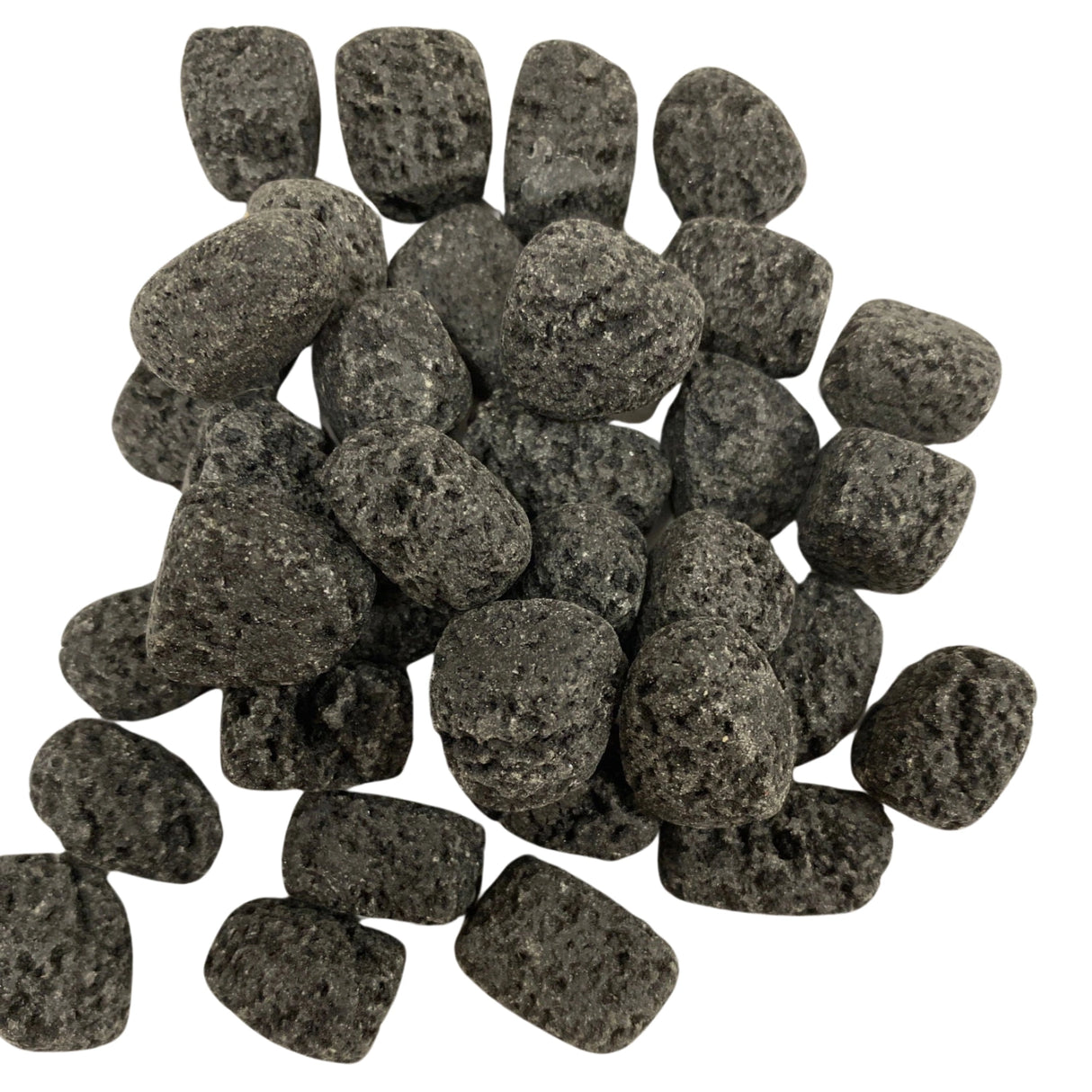 Tumbled Lava stones with a rough, textured surface and a dark gray color.