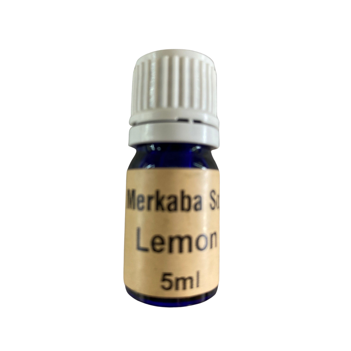 Lemon Essential Oil - Lemon Essential Oil in a small amber colored bottle with light brown label and white screw cap.