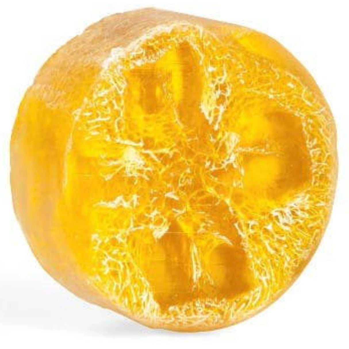 Yellow loofah soap with a smooth, spherical shape and visible loofah fibers.