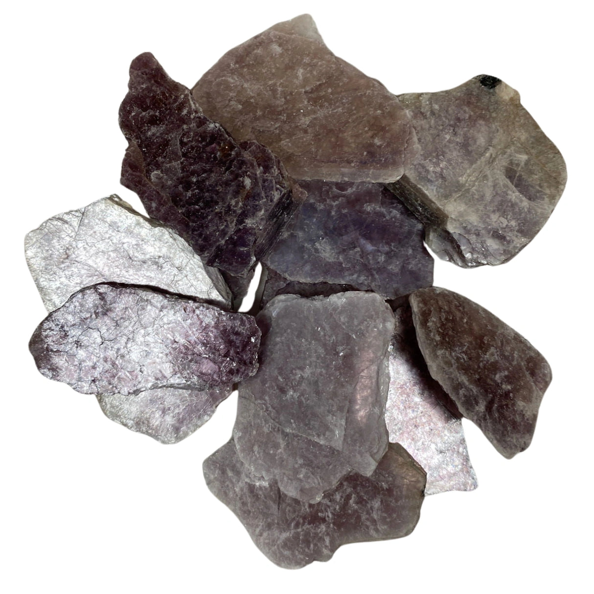 Lepidolite Slabs sm Tumbled - Several small, flat Lepidolite stones with a natural, rough texture and a lilac-pink hue. The stones have a layered, micaceous structure with visible flakes and imperfections.