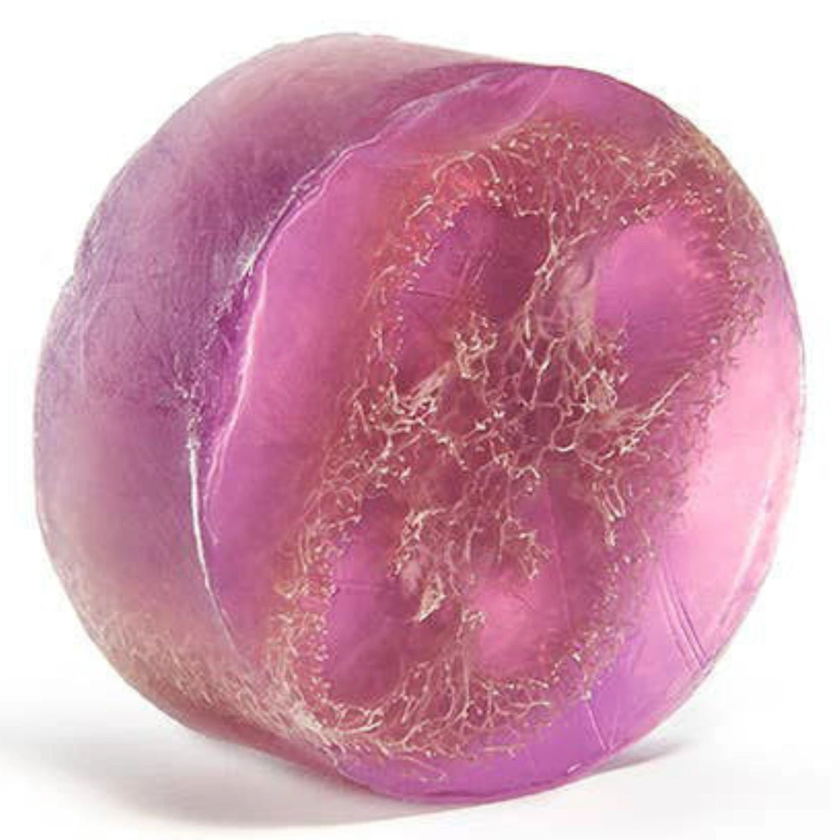 Purple loofah soap with a smooth, spherical shape and visible loofah fibers.