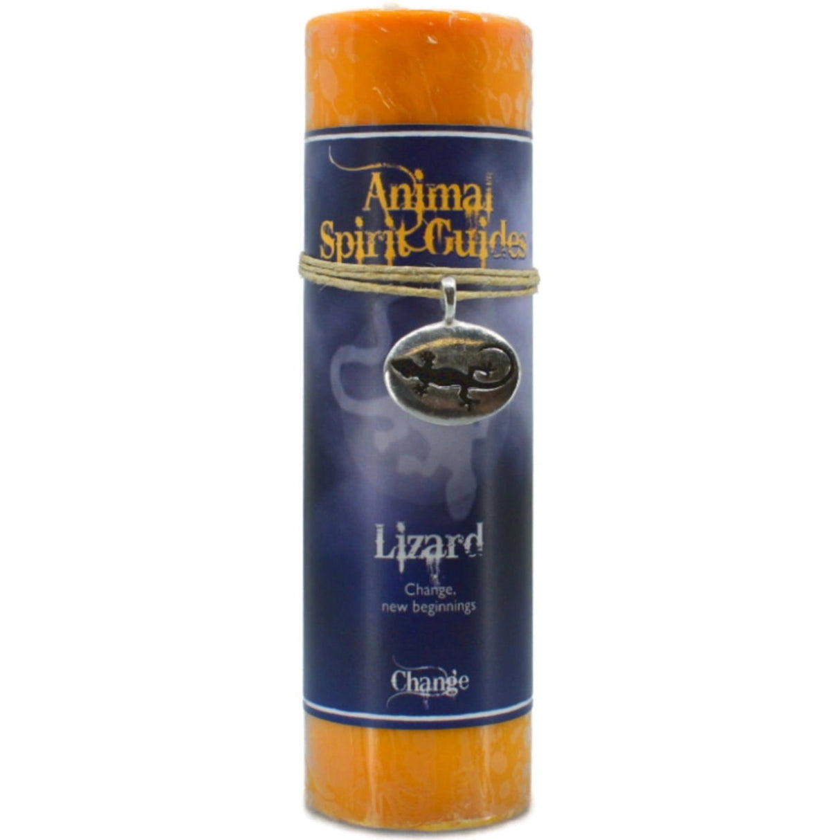 Orange candle with "LIZARD" and "ANIMAL SPIRIT GUIDES" labels.