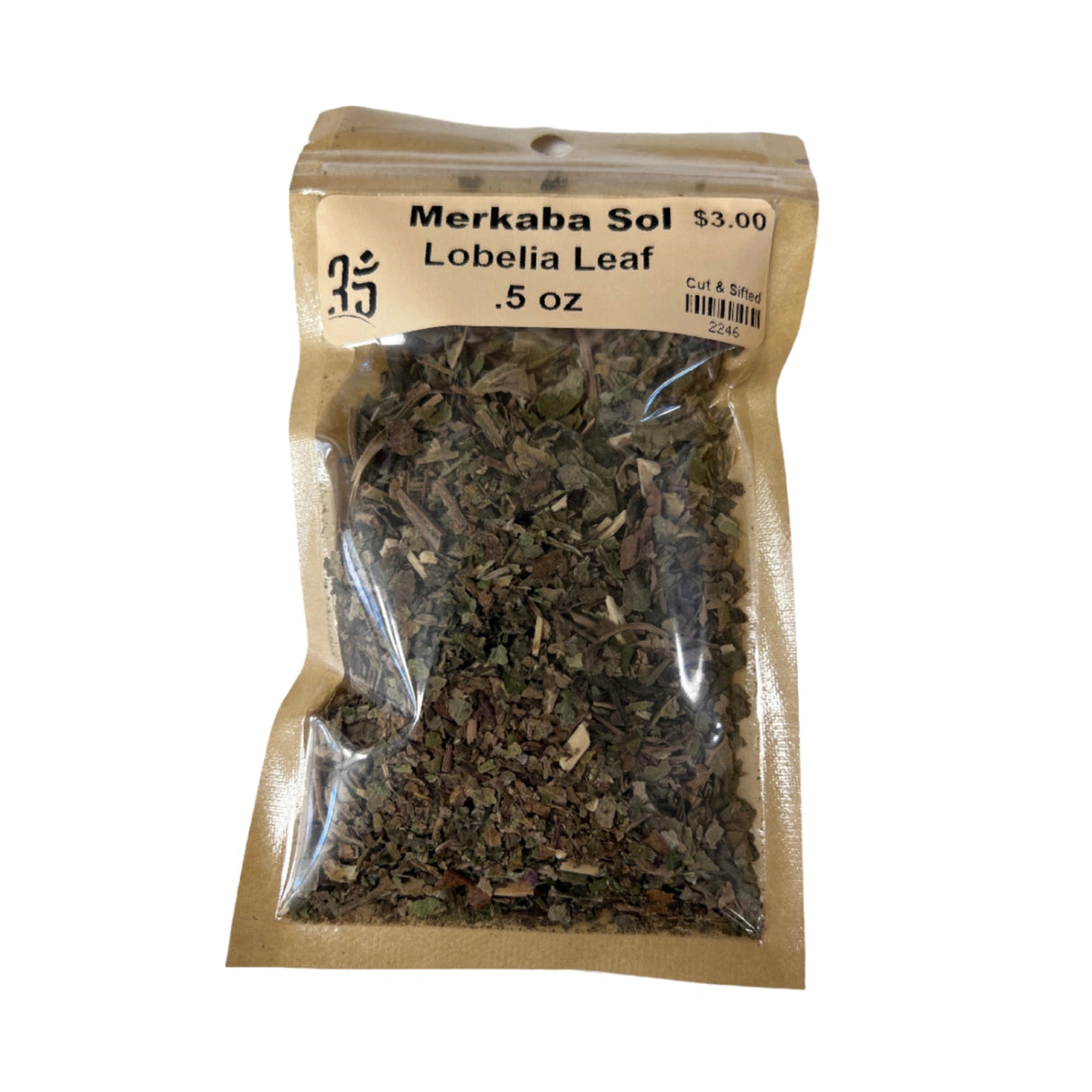 Dried Lobelia Leaf in a clear plastic bag.