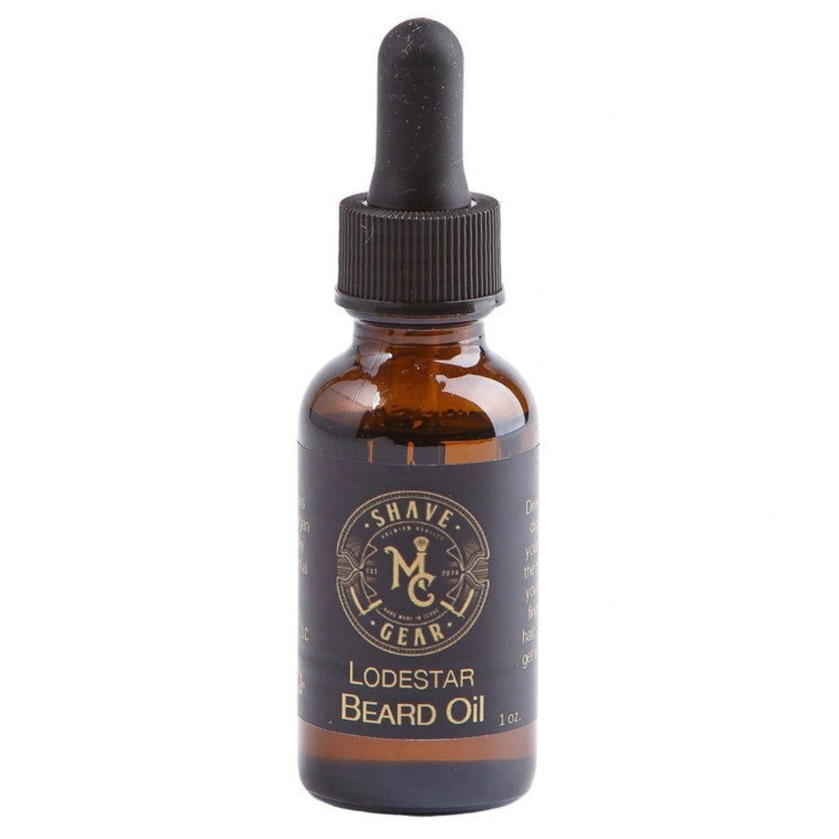 Amber glass bottle with a black dropper cap. The label reads "Shave Gear" and "Lodestar Beard Oil."