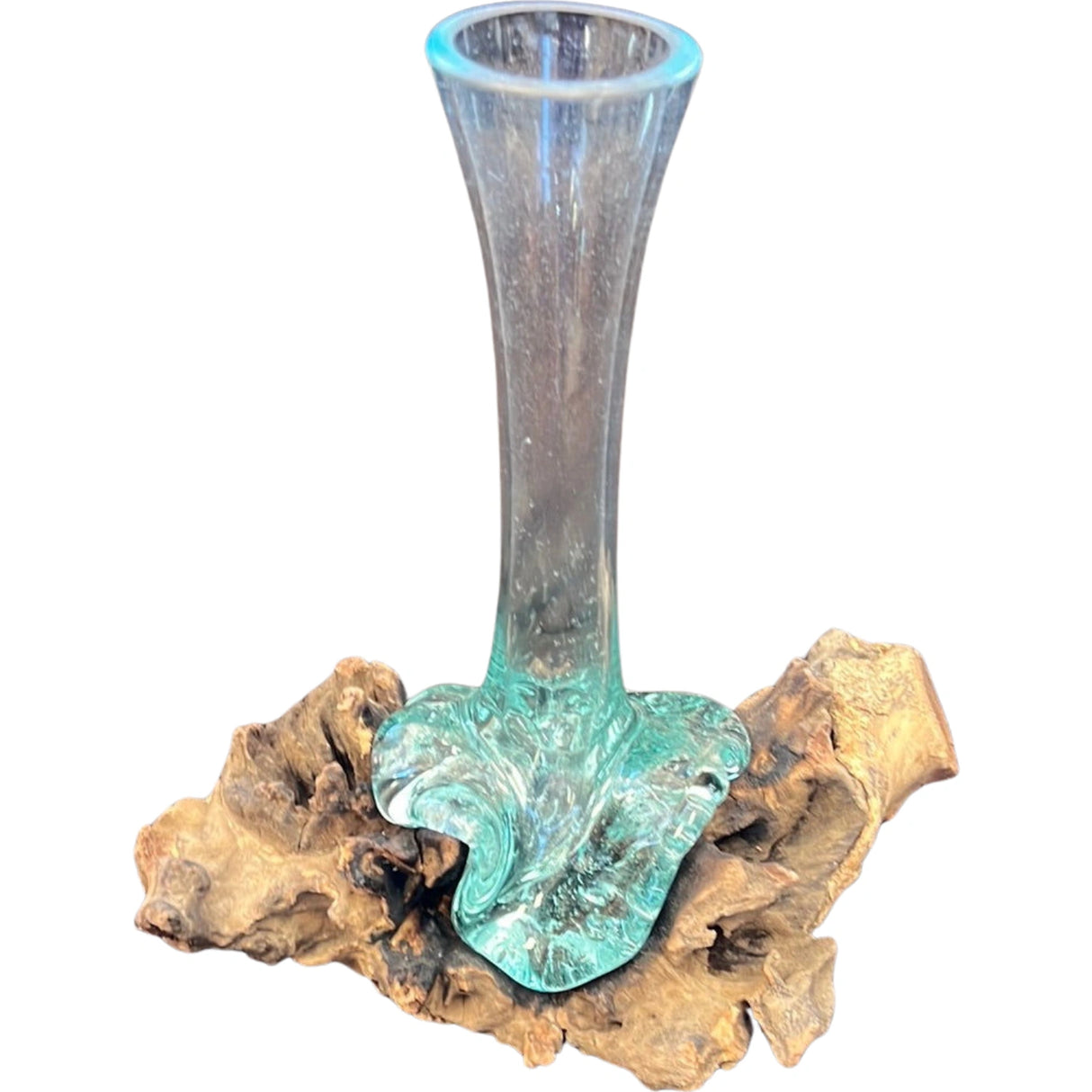 Tall glass bud vase on driftwood base.