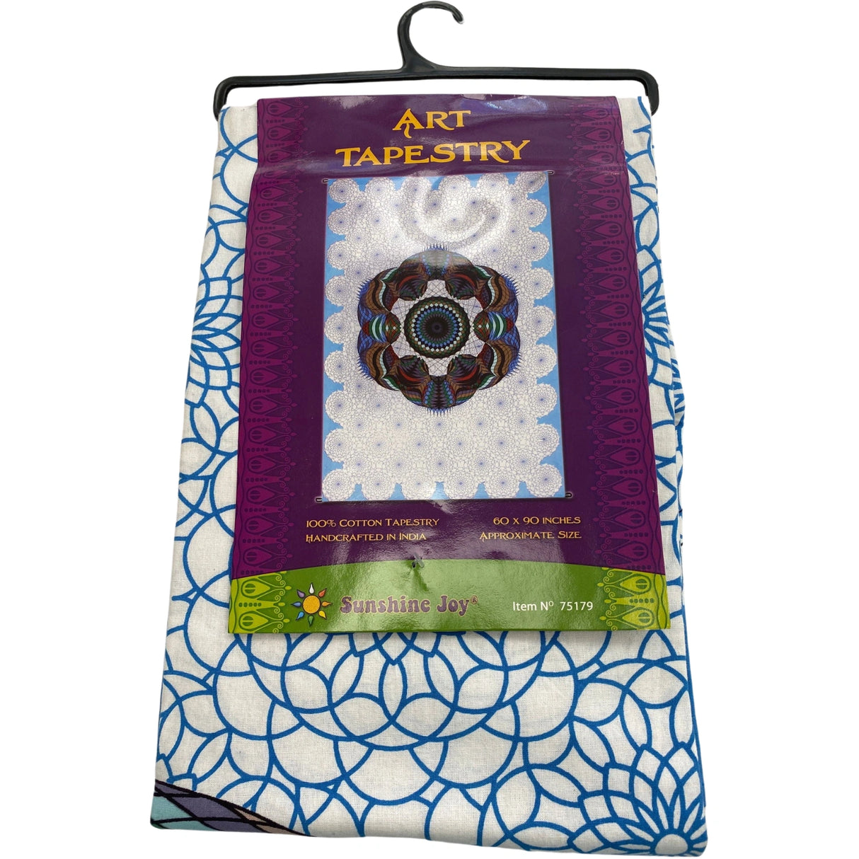 White tapestry with a circular mandala design in blue, purple, and orange. The mandala features a lotus flower in the center.
