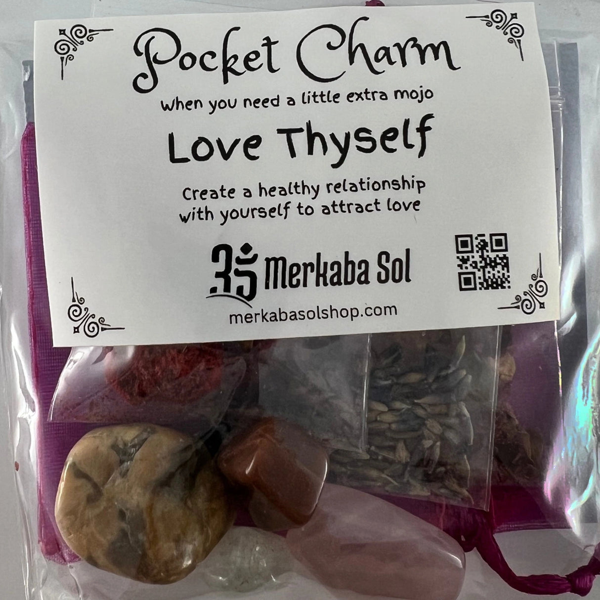 Love Thyself Pocket Charm Kit with Transparent packaging, White label, and Black text.