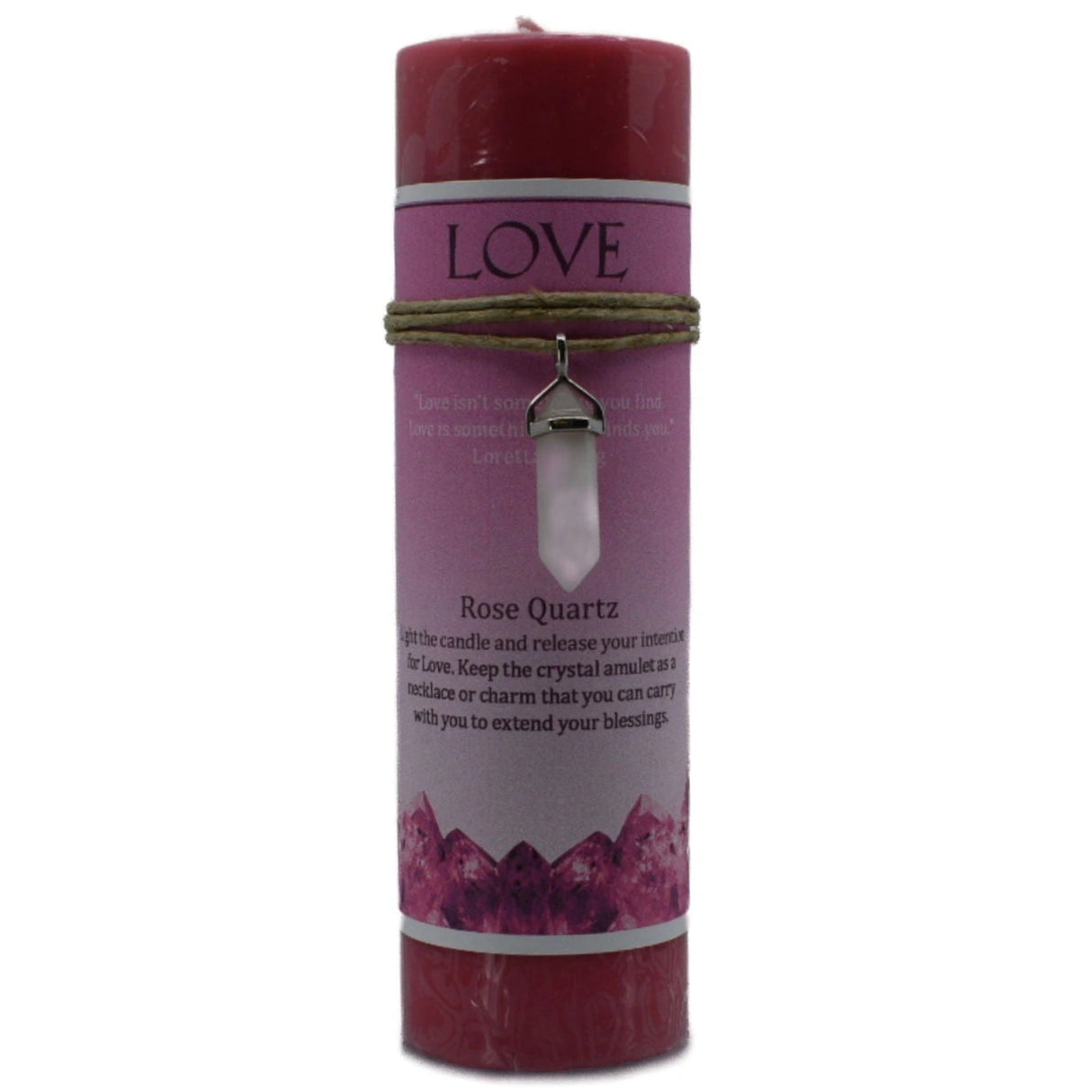 Pink candle with "LOVE" label and rose amethyst pendant.