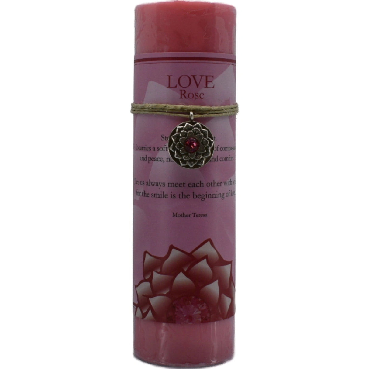 Pink candle with "LOVE" label and rose pendant.