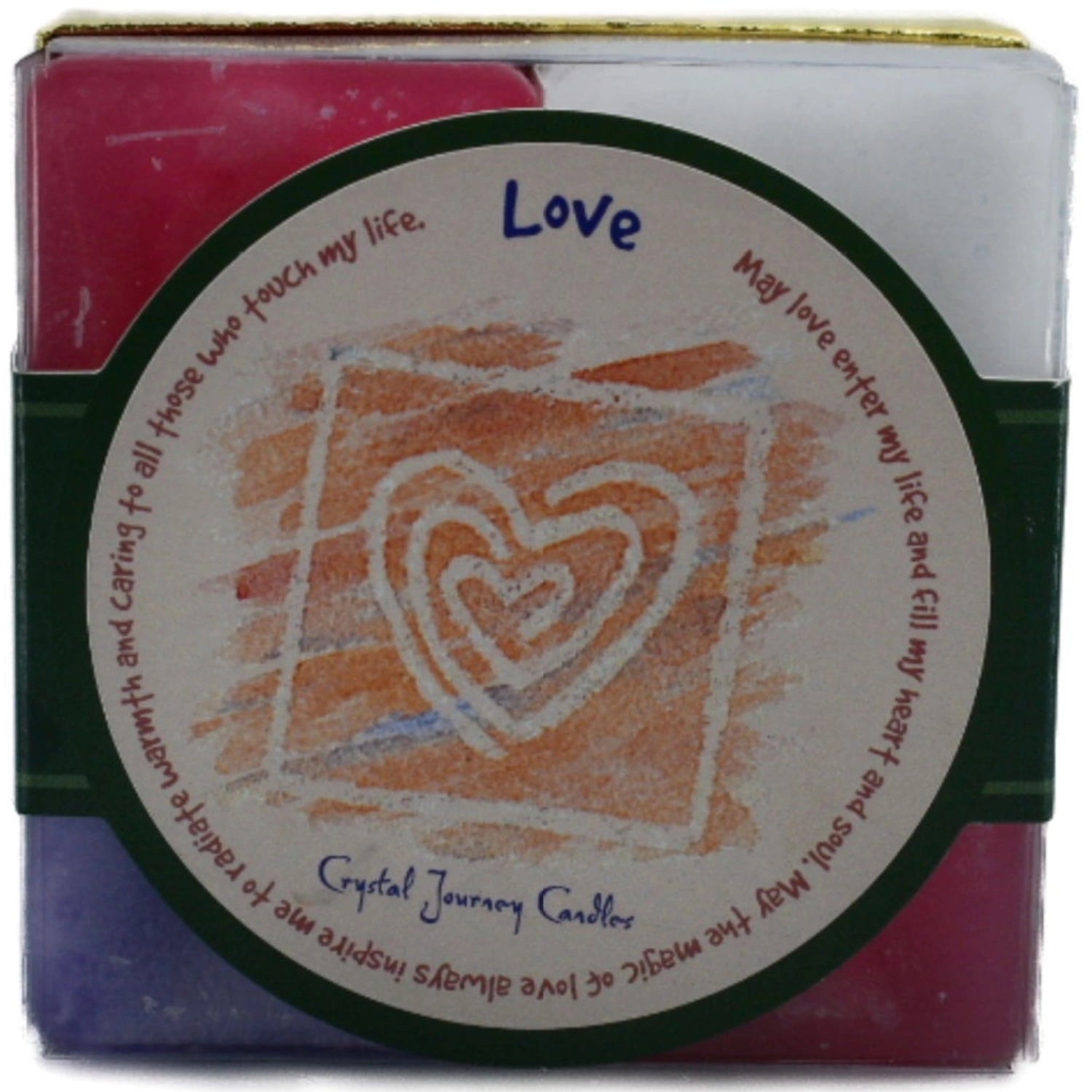 Love Candle Set with pink, purple, green, and white candles.