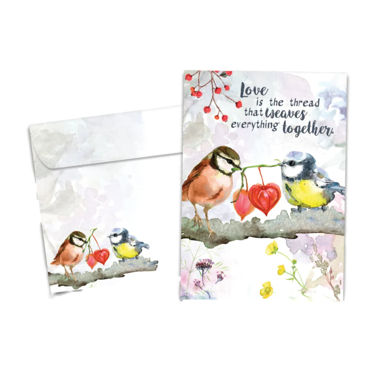 Love is the thread white card with 2 birds on it Love is the thread that weaves everything together