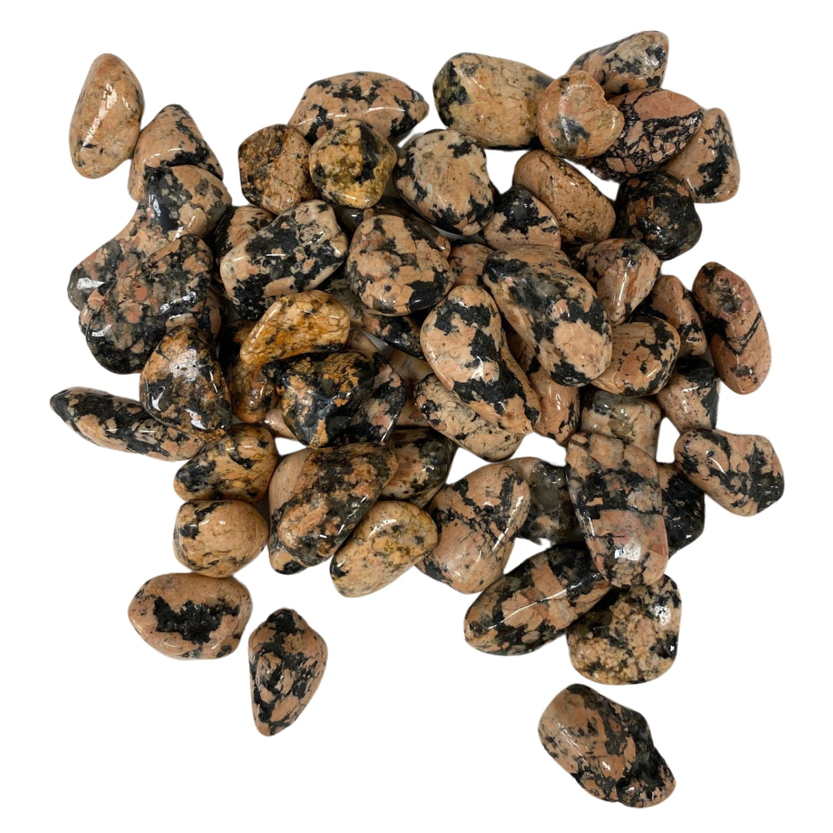 Luxullianite Tumbled - Image of Luxullianite Tumbled, polished stones in shades of light brown with darker brown and black flecks.