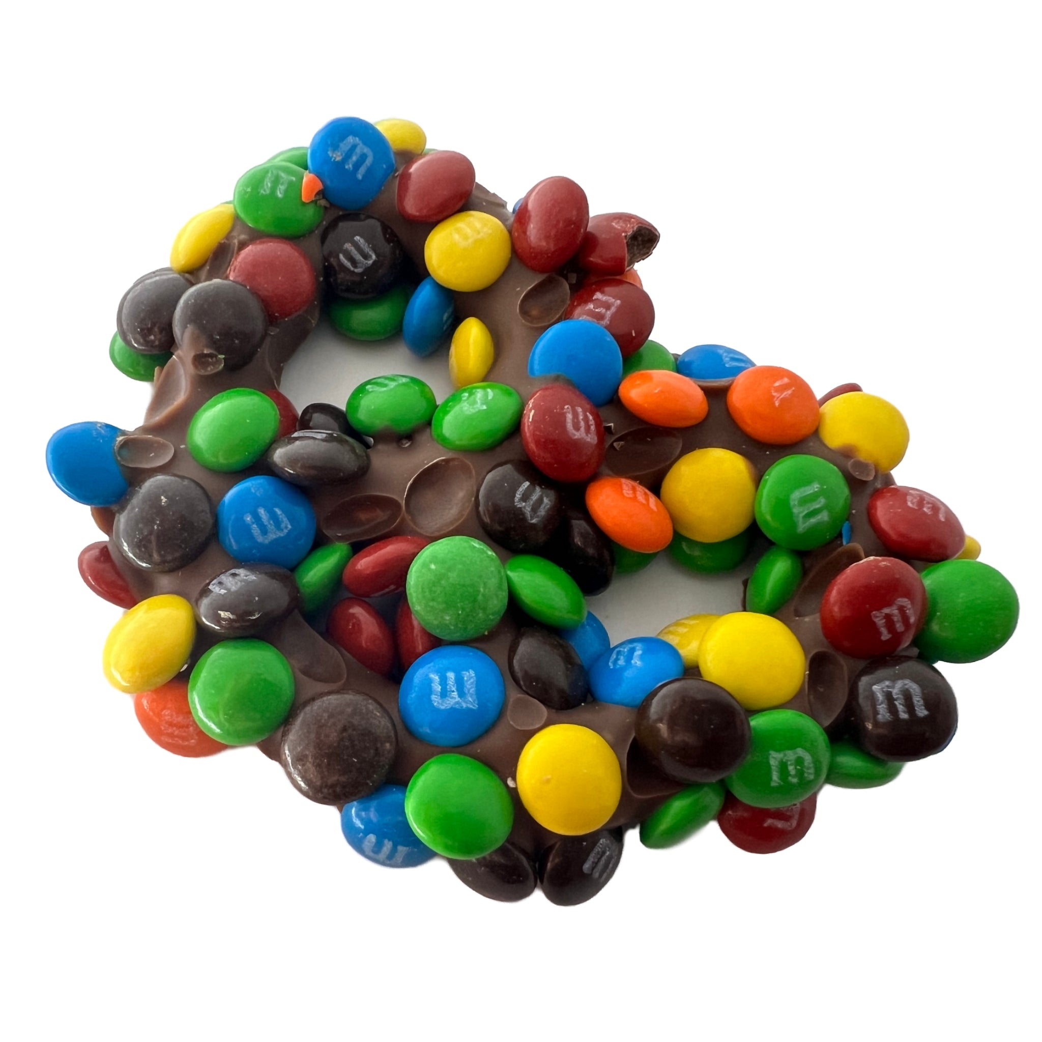 Large pretzel covered in milk chocolate and mini m&m's