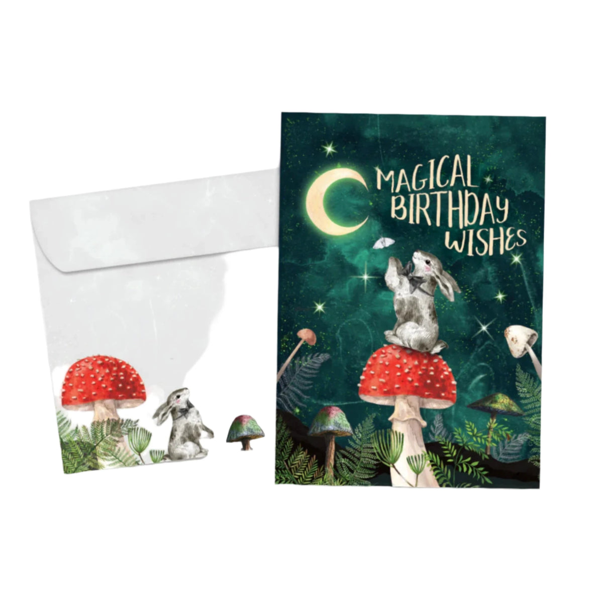 Magical wishes birthday green card with image of rabbit sitting on a red mushroom