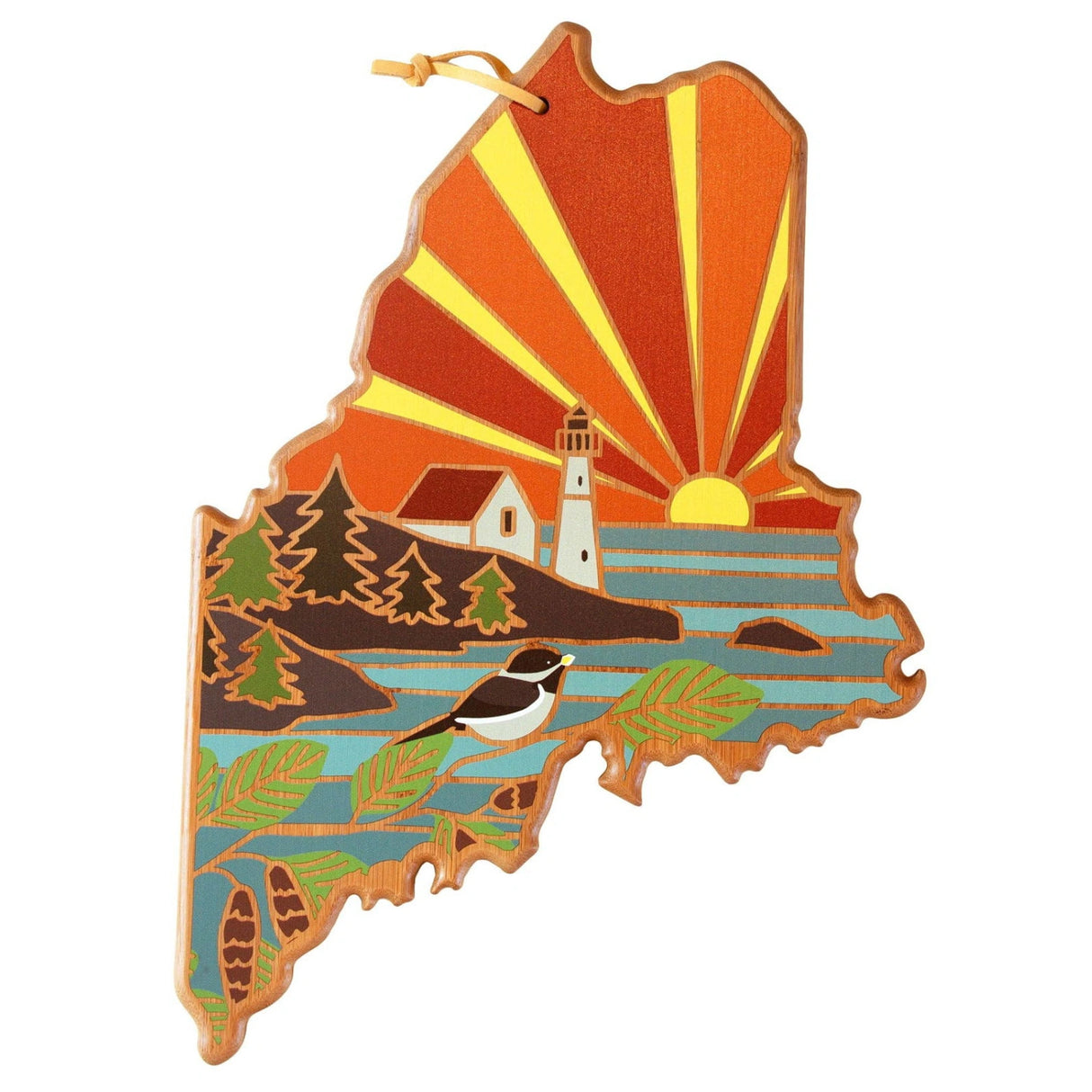 Wooden ornament shaped like the state of Maine with a painted scene of a lighthouse, sunset, trees, water, and a bird.