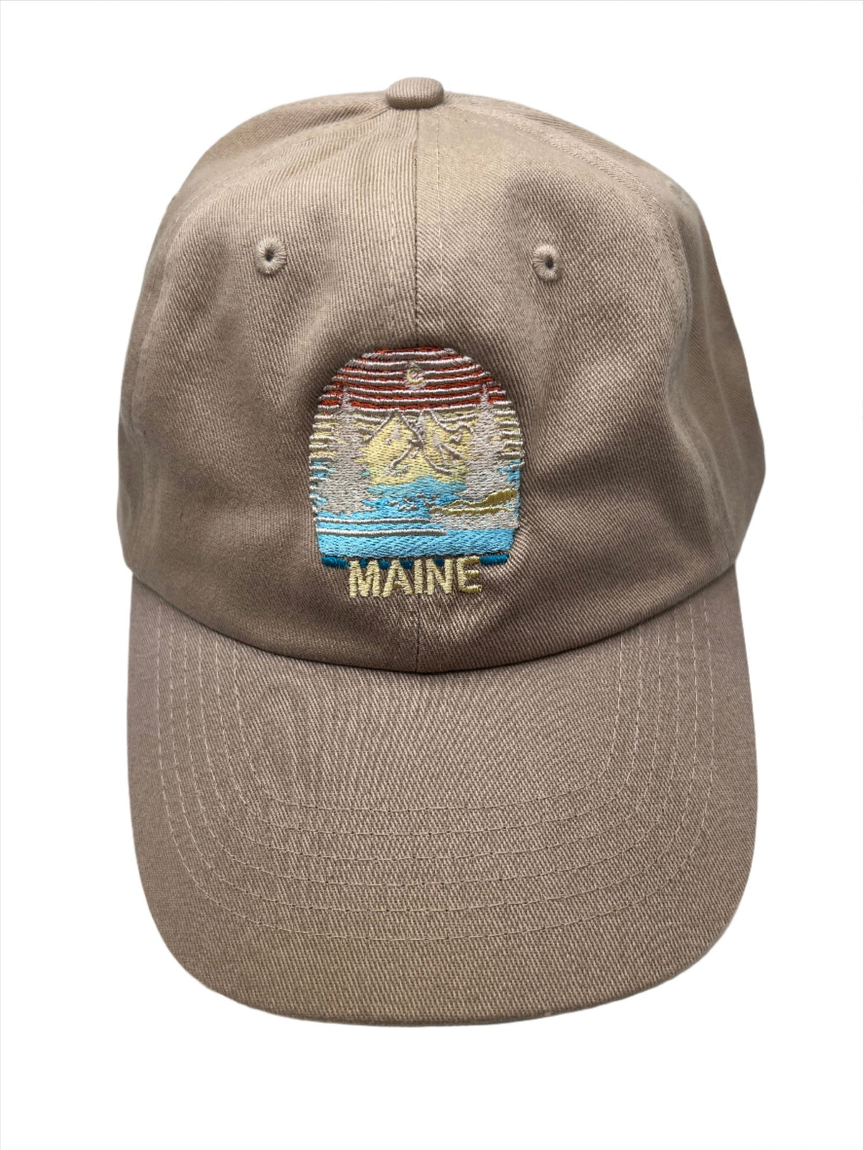 Maine Landscape Khaki Ball Cap - Khaki colored cap with image of mountains and the word Maine embroidered