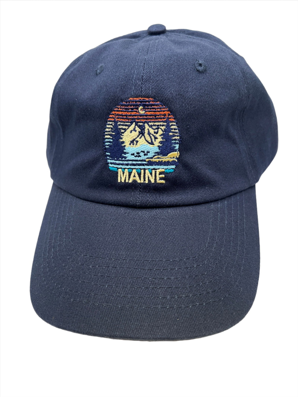 Maine Landscape Royal Blue Ball Cap - base ball cap wit Maine written on it and embroidered mountain royal blue