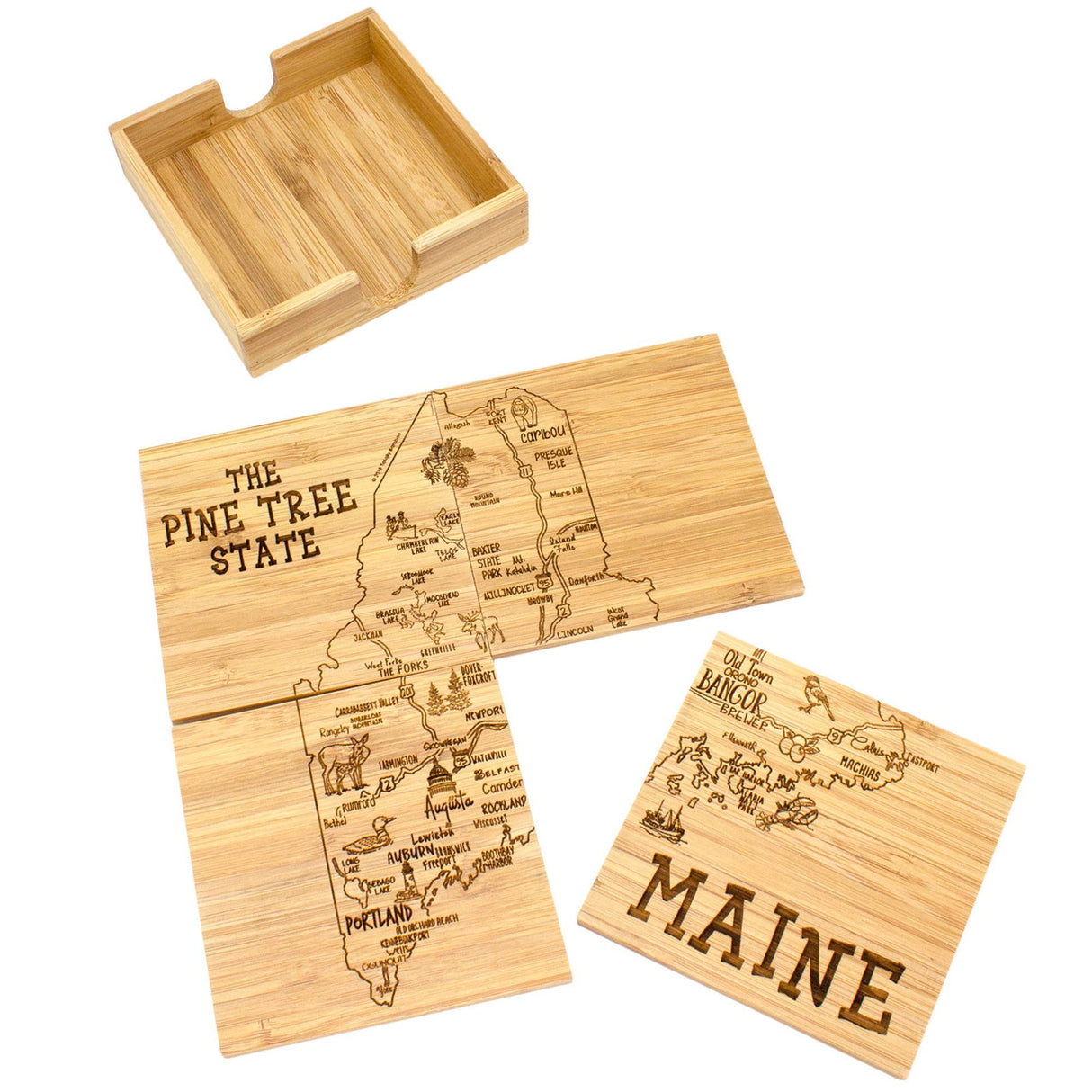 Maine Puzzle Bamboo 4-Pc. Coaster Set with Case -
