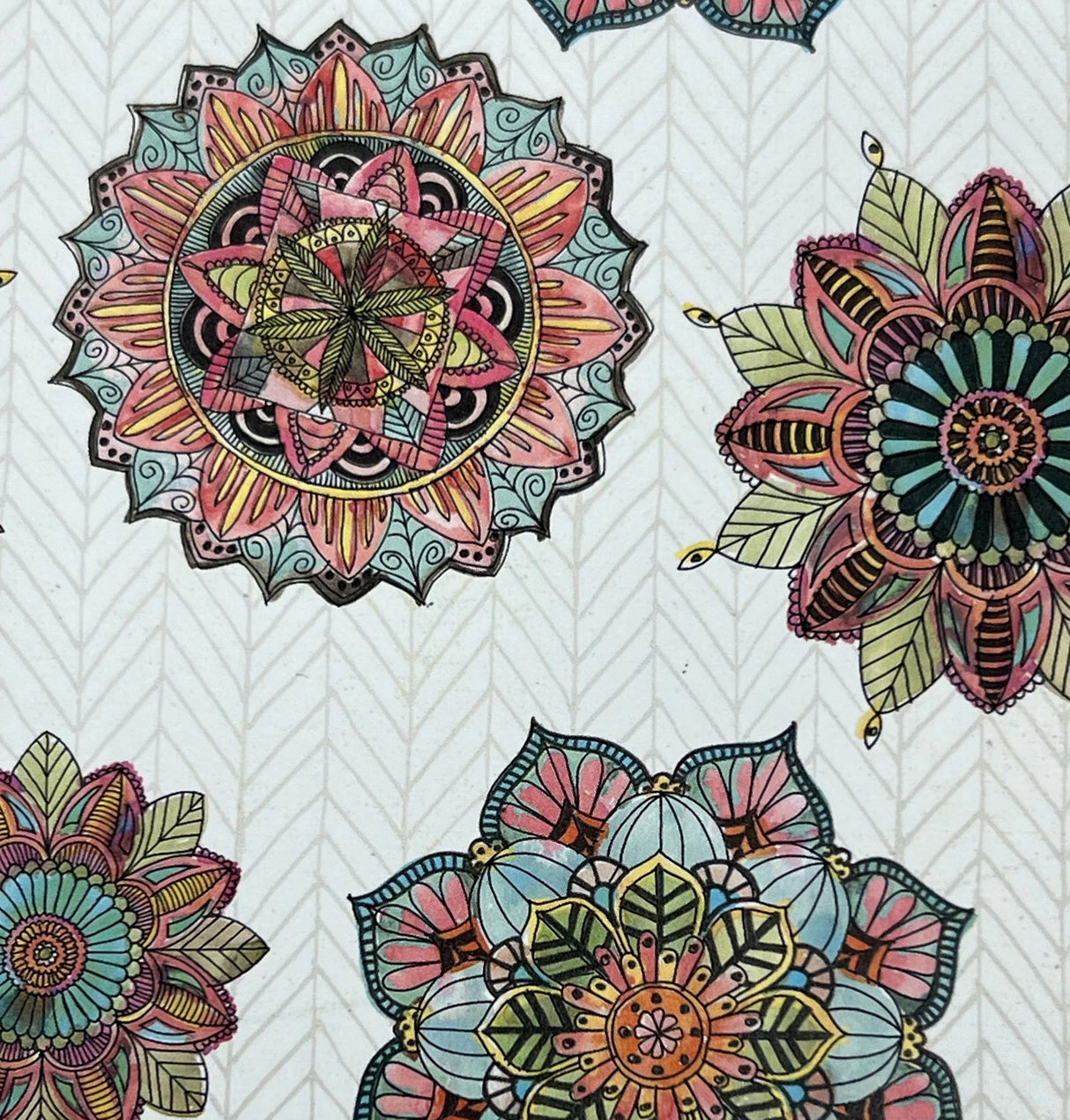 Mandala Morning magnet with colorful mandala patterns on a chevron background.