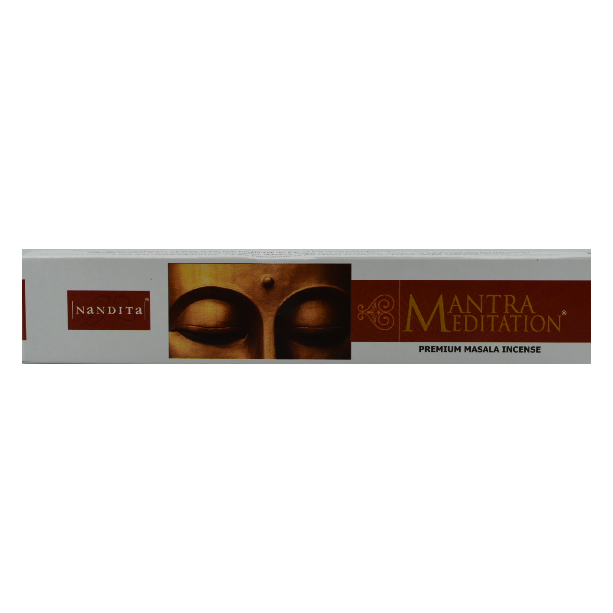 Mantra Meditation Incense Sticks. The box is white background with brown boxes. The small rectangle on the right has the company name Nandita. The center larger rectangle has a picture of a women's eyes and forehead with a bindi. The right rectangle has the title Mantra Meditation and below it in white it says Premium Masala Incense.