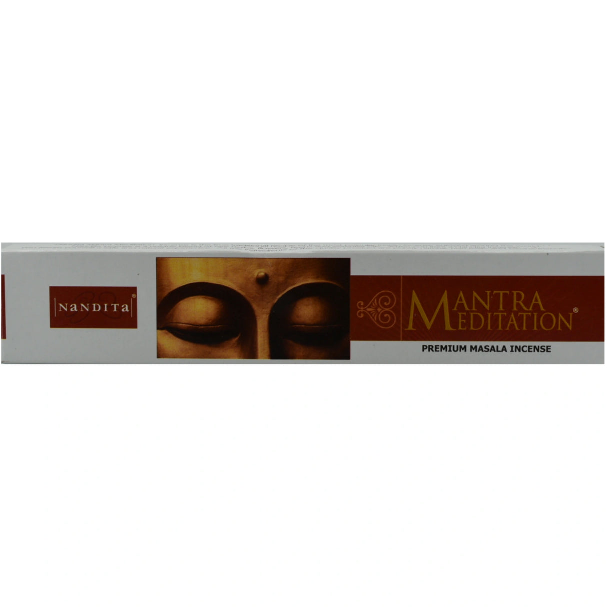 Nandita Mantra Meditation Incense Sticks in a white box.
