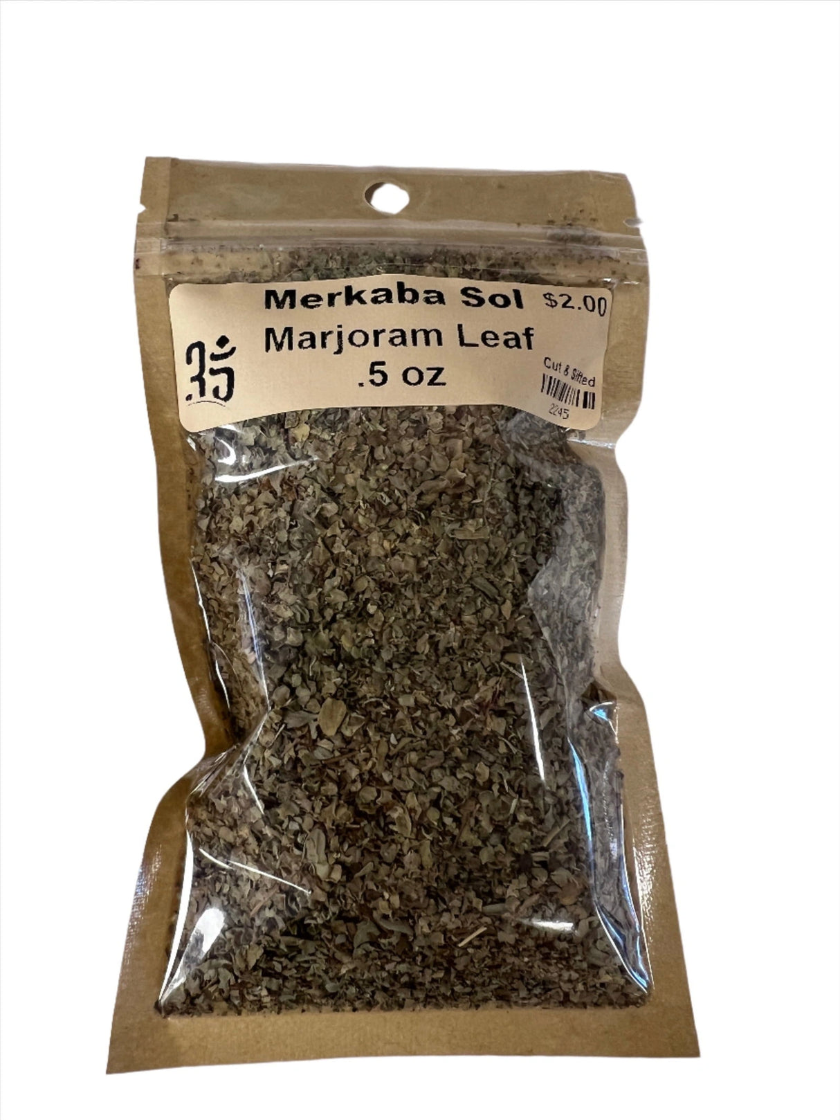 Dried Marjoram Leaf in a clear plastic bag.