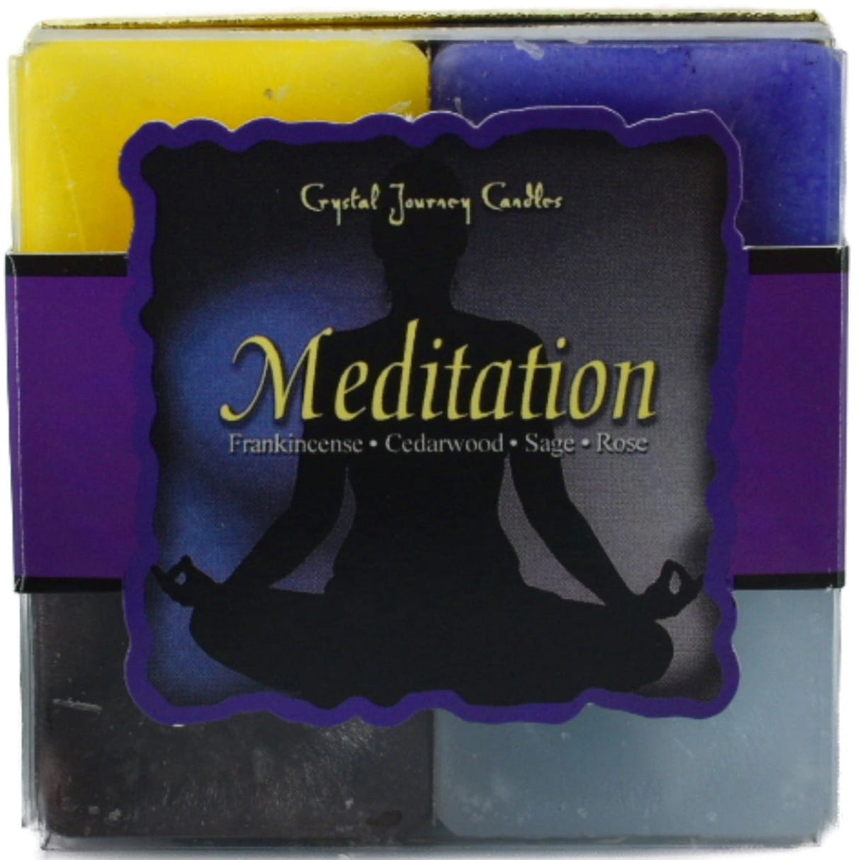 Meditation Candle Set with yellow, blue, green, and purple candles.