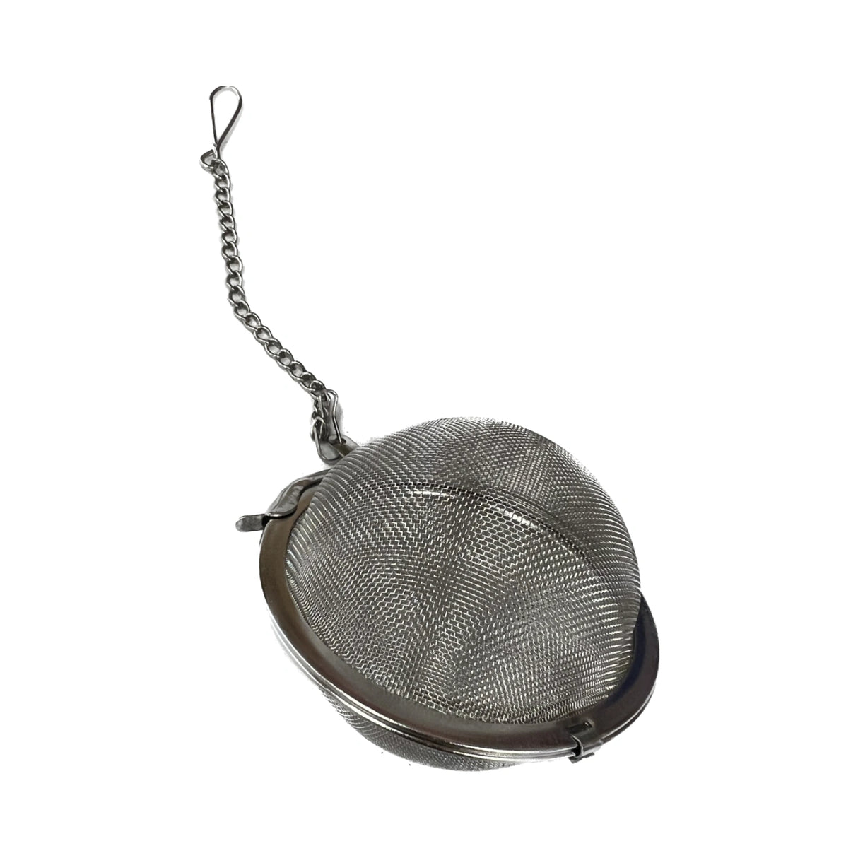 Stainless steel ball-shaped tea infuser with a chain.