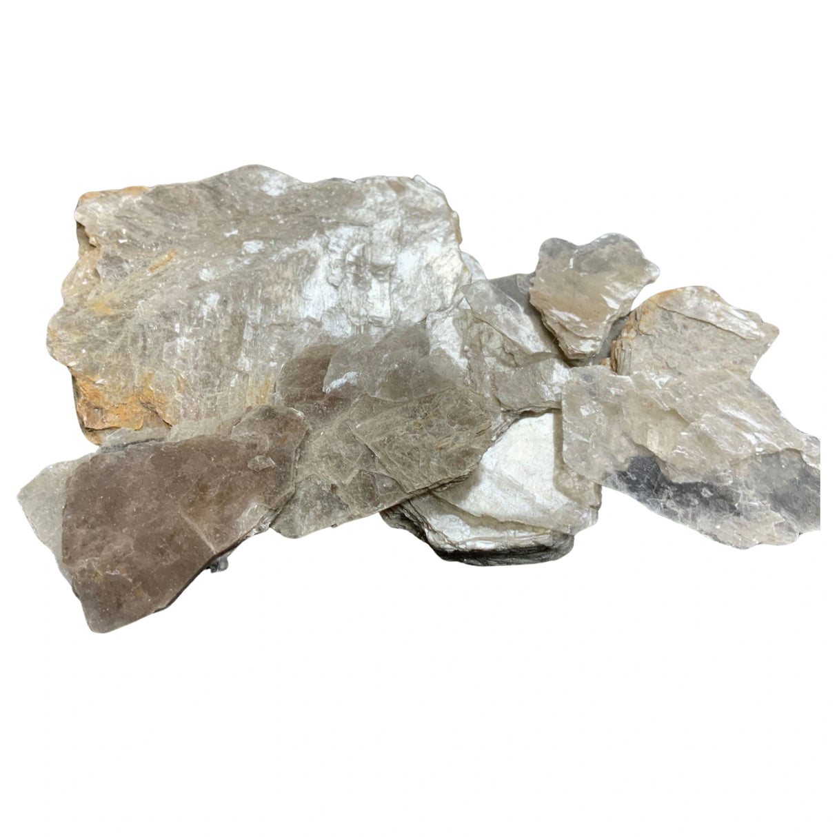 Mica Slab Tumbled - Mica Slab Tumbled. Shimmering silver-gray Mica flakes with a natural, rough texture.