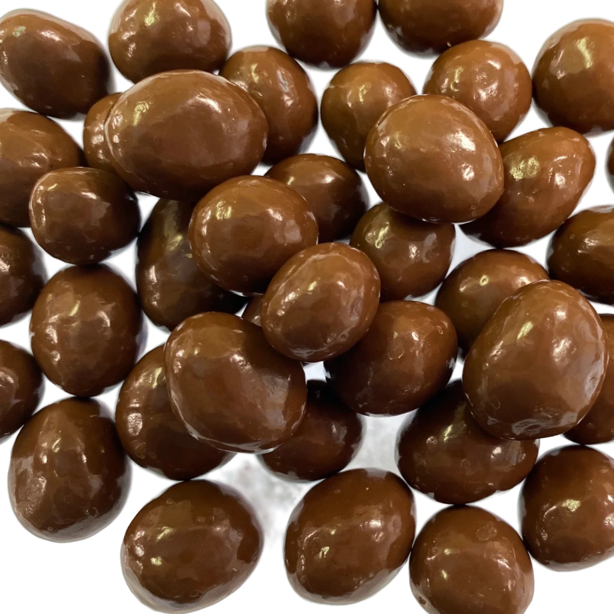 Roundish small dark choclaated covered raisins 