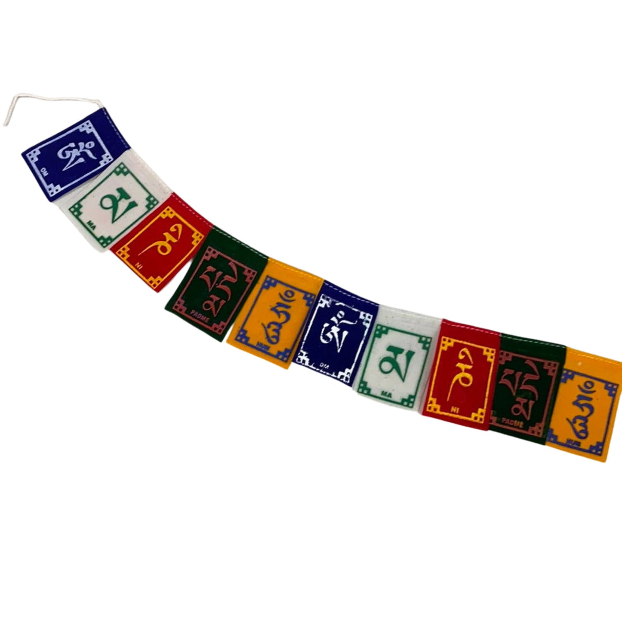 A string of small, rectangular prayer flags in various colors, each featuring Tibetan symbols and mantras.